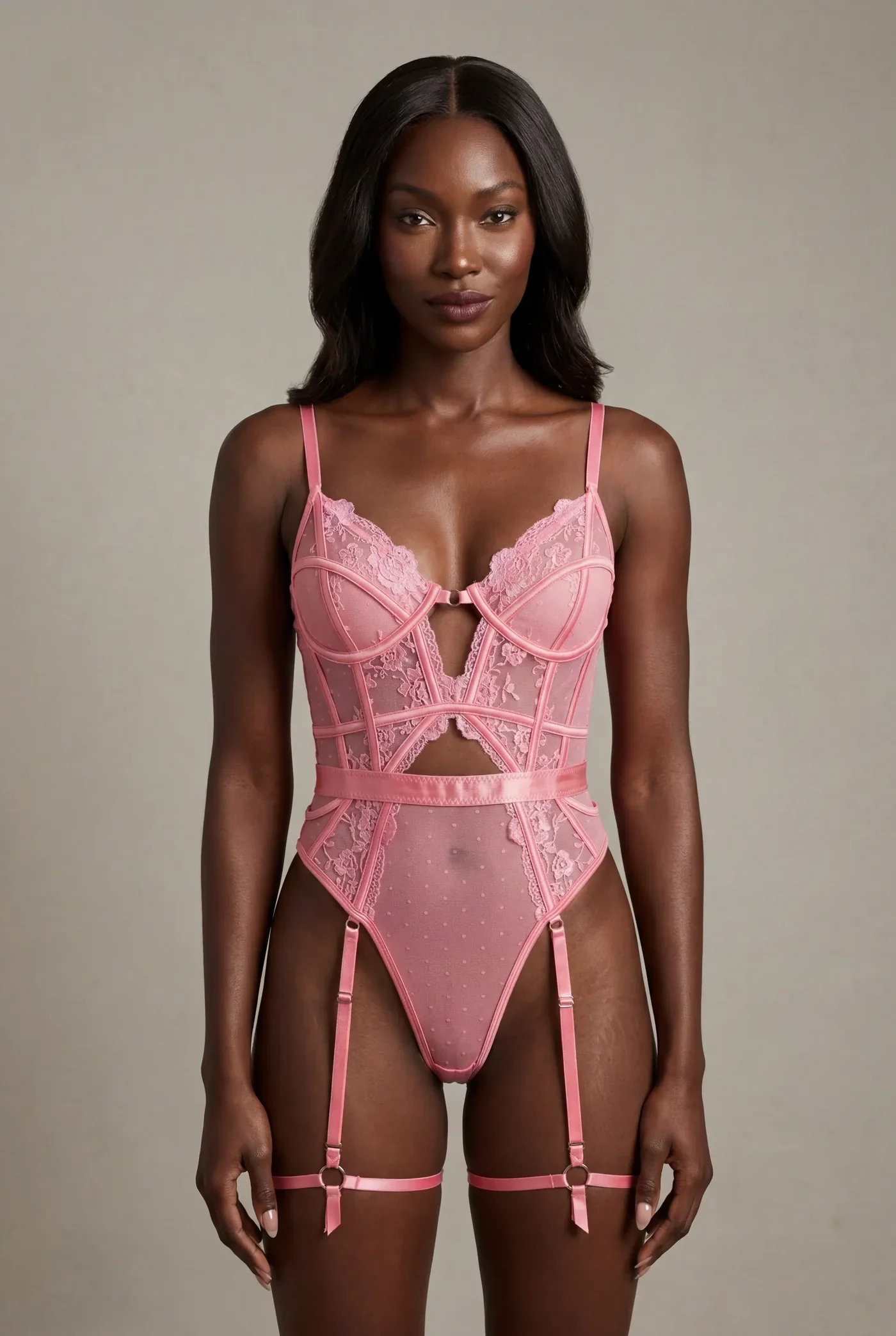 Body bustier Rose Poudré à jarretelles